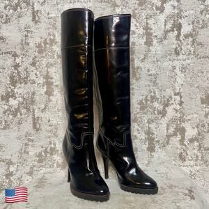 Giuseppe Zanotti Knee High Patent Leather Stiletto Boots with Contrast Stitching